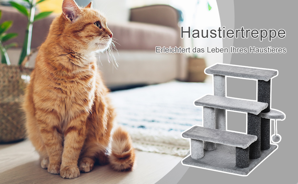 Сходи для котів PawHut, 4-ступінчасті, з дряпальними стовпчиками, м'ячиком, для котів до 5 кг, плюш та джут, сірі, 60x40x64 см