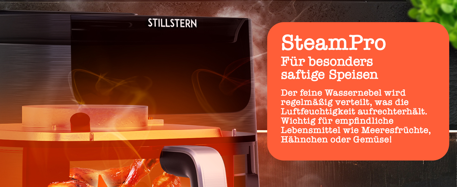 Stillstern Airfryer з оглядовим вікном, 8л, з парою та функцією Shake, 80-200°C, 1800W, таймер 120хв, 100 рецептів, чорний