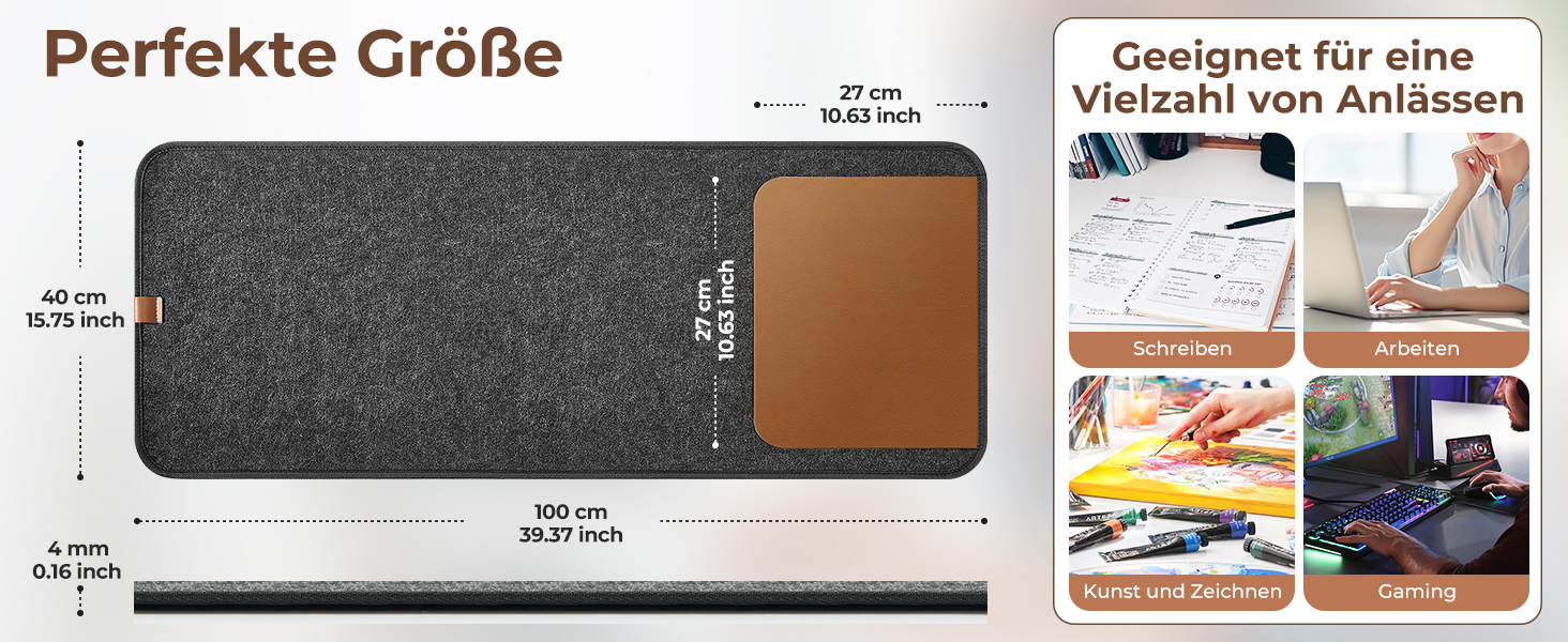 Підкладка на стіл з фетру, 100x40 см, антиковзаюча, XXL, для офісу та дому (темно-сіра)