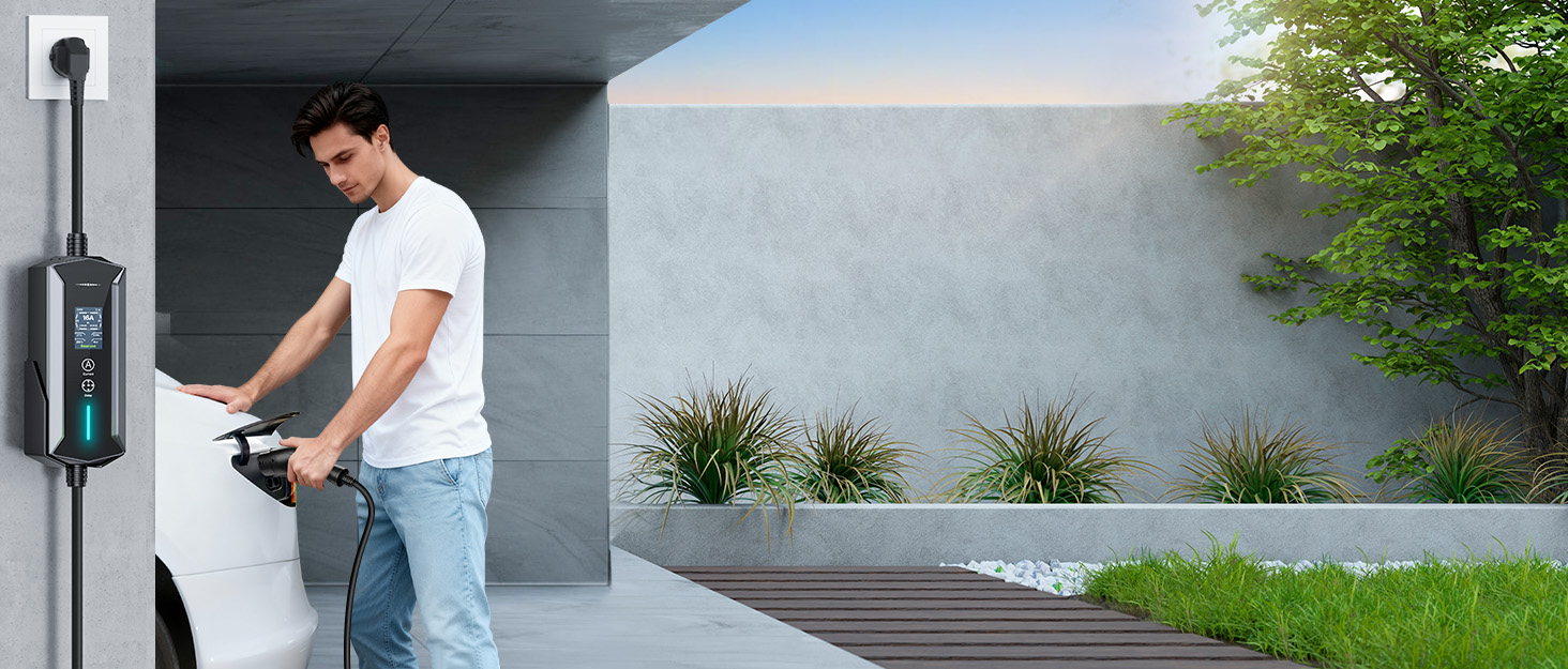 Кабель для зарядки електромобілів Schuko 3,7kW, 7м, 6-16A, 1-фазний, IP65, з LCD-дисплеєм, регульована потужність, таймер, для електромобілів та PHEV