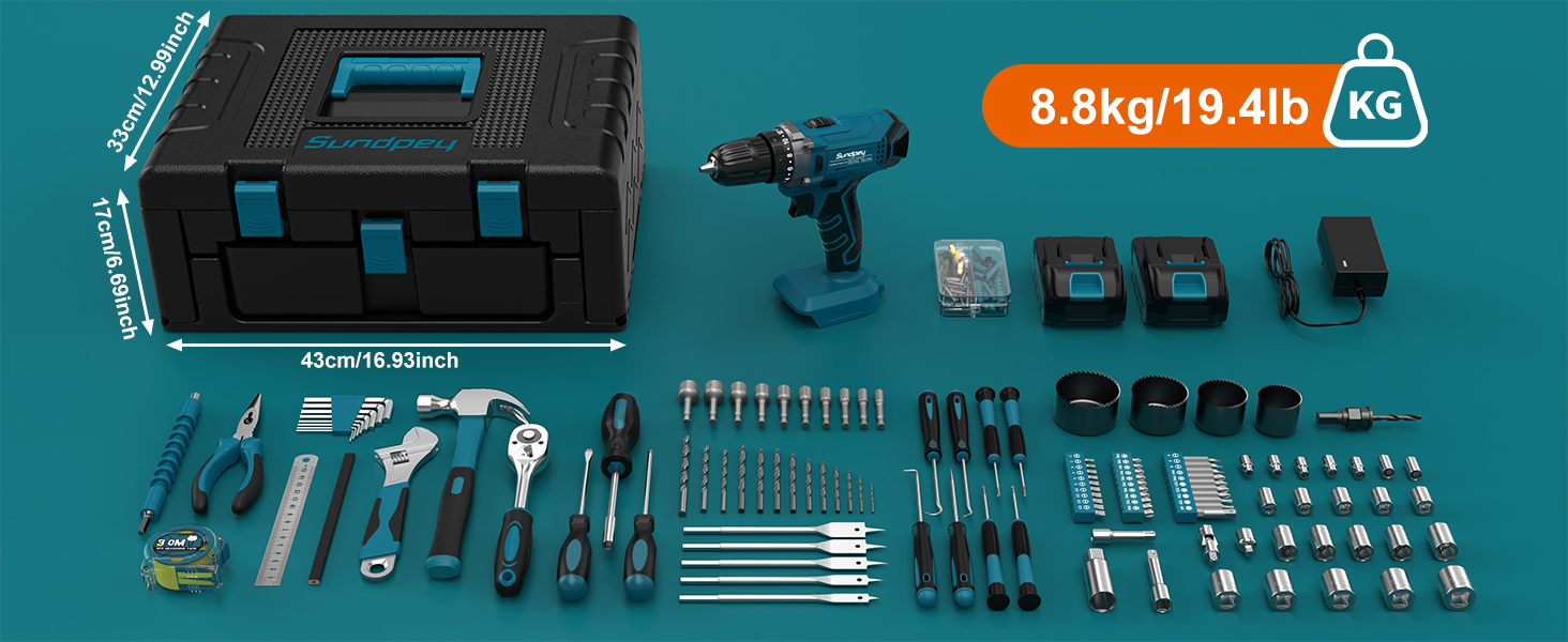 Набір інструментів Sundpey 255 шт. з акумуляторною дриль-шуруповертом 21V, акумуляторний набір з 2 * 2000mAh акумуляторами, ящиковий інструмент з шухлядою для ремонту дому та автомобіля, блакитний