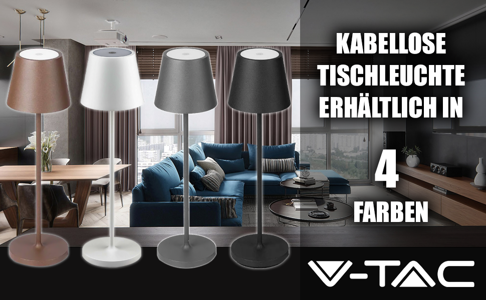 LED-лампа настільна V-TAC з бездротовим живленням та сенсорним керуванням, акумулятор 4400mAh, тепле світло 3000K, IP54 для використання в приміщенні та на вулиці