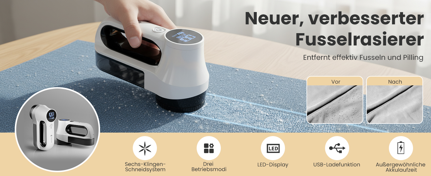 Машинка для видалення катишків CuieTuee з LED та USB-зарядкою, 3 швидкості, 2000mAh, для одягу, білий