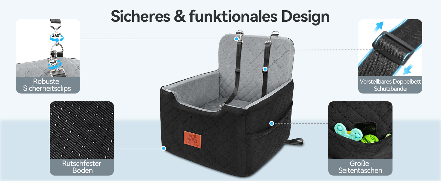 Автокрісло для собак, чорне, до 15 кг, з двома ременями безпеки, знімний та миючий чохол