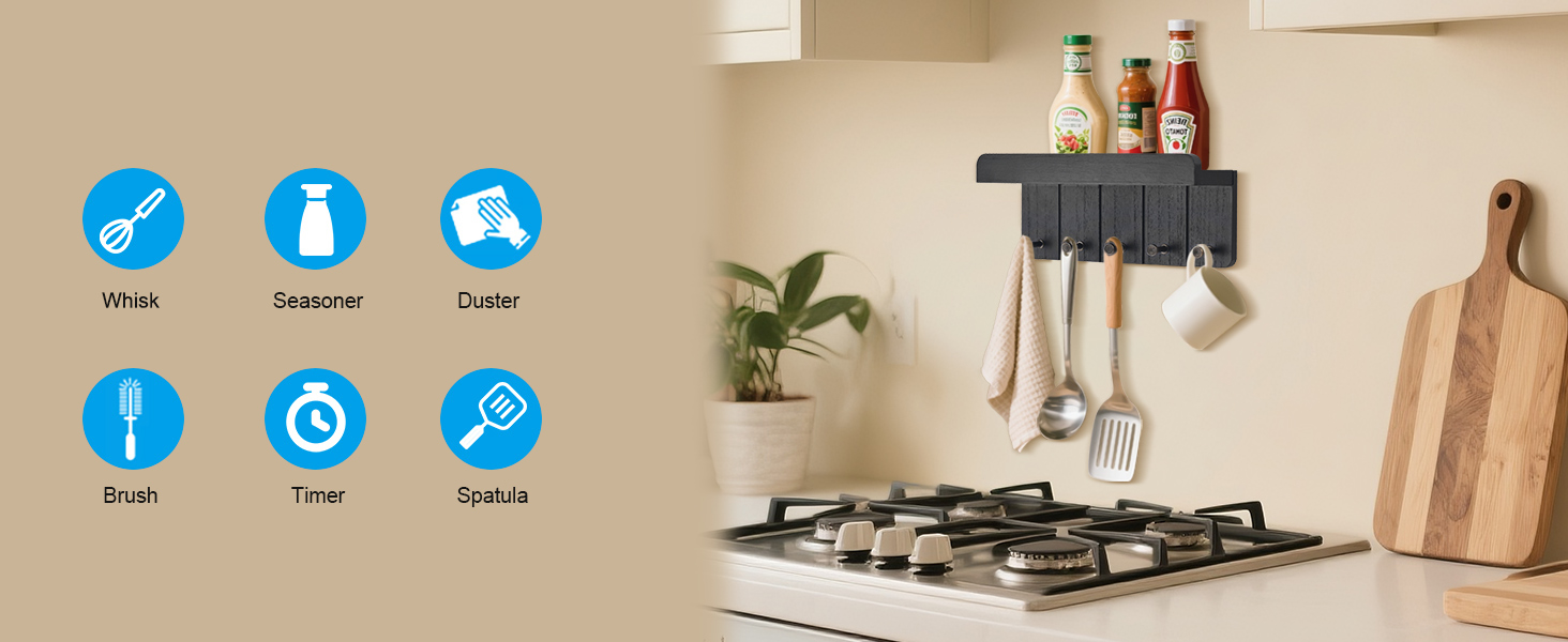 Дерев'яне ключниця з полицею, настінна | 5 гачків | для прихожей, кухні, спальні (чорний)