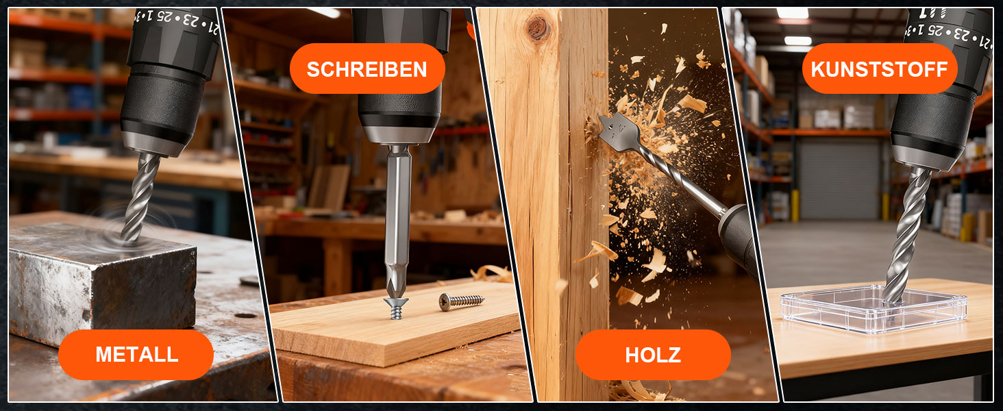 Акумуляторний шурупокрут/дрель 21V з набором 2 акумуляторів, 1200W двигун Brushless, 75Nm, 25+3 рівня крутного моменту, патрон 13мм, 2 швидкості, LED, 29-ти елементний набір для дому, саду та DIY-проектів помаранчевого кольору