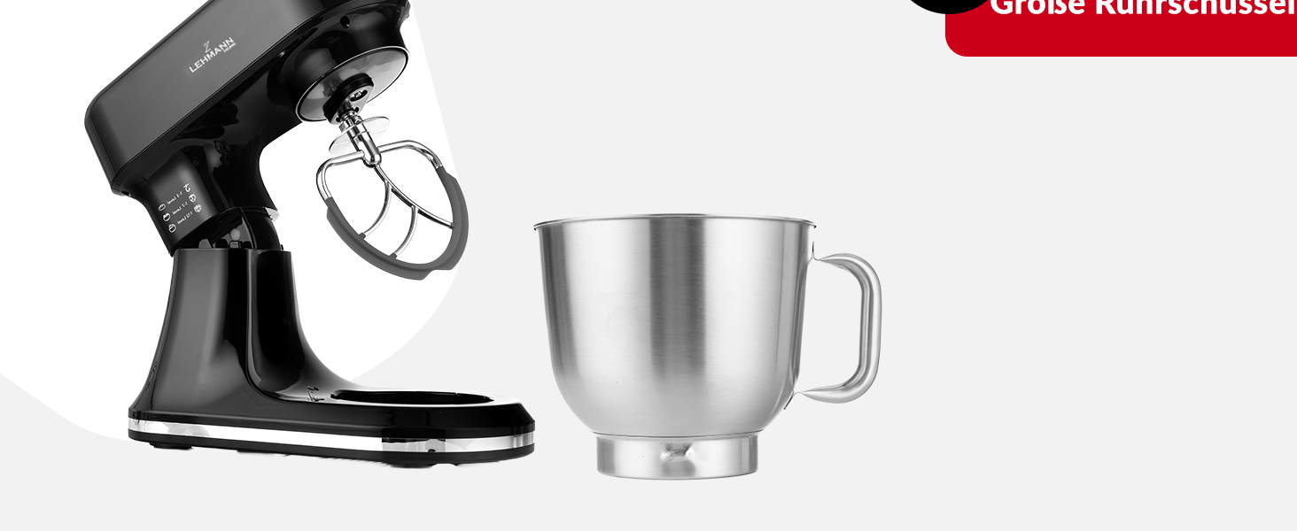 Кухонна машина Lehmann з дисплеєм, 12 швидкостей, функція ферментації з підігрівом, вбудована вага, таймер, міксер з 3 насадками та 5л чашею