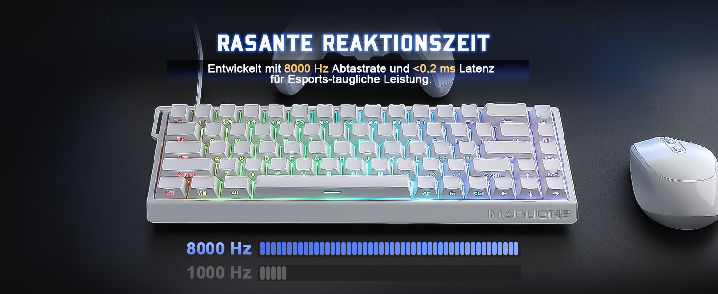 Механічна ігрова клавіатура YUNZII MADLIONS MAD68 з провідним підключенням, 60% розмір, Hall Effect перемикачі, регульована чутливість, PBT клавіші, RGB підсвічування, 8K polling rate (біла, перемикач Magnetic Amber Pro)