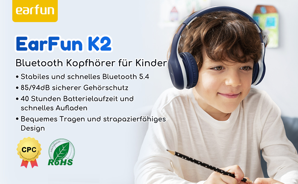 Бездротові навушники EarFun для дітей Bluetooth, регулювання гучності 85/94 дБ, Hi-Fi звук, HD-мікрофон, 40 годин роботи акумулятора, складні, регульовані, для школи/подорожей, блакитний
