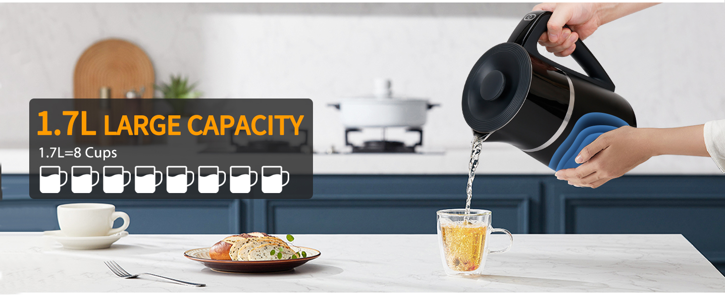 Електричний чайник Aigostar Alva з регулюванням температури 40°C-100°C, 1.7 л, подвійні стінки, Cool Touch, LED дисплей, тихий, бездротовий, з функцією підтримання тепла, 2200W, BPA Free, чорний