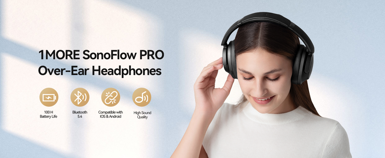 1MORE SonoFlow Pro - Бездротові навушники Over-Ear з активним шумозаглушенням, LDAC, Hi-Res Audio, Bluetooth 5.4, 100 годин роботи, швидка зарядка, 3.5 мм кабель, AI шумозаглушення (Чорний)