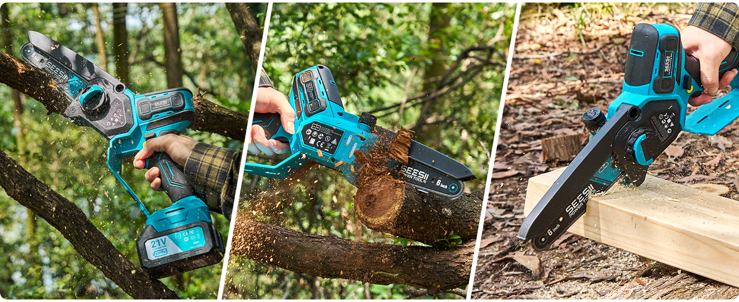 SEESII Безщіткова міні-пилка 6 дюймів, ручна акумуляторна пилка з 2 * 4000 mAh акумуляторами, одноручна акумуляторна пилка з автоматичним змащенням, сумісна з акумулятором Makita 18V, електрична пилка для дерева, гілок 6 дюймів безщіткова (6+8 дюймів безщіткова)