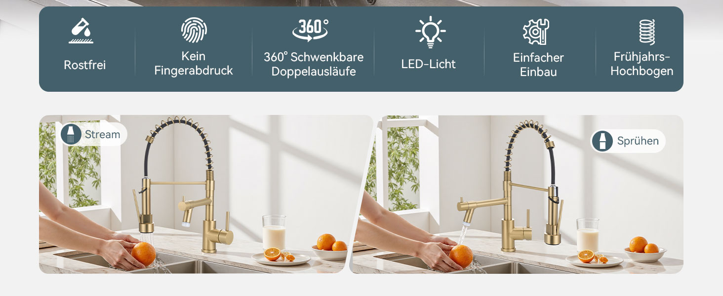 Кран кухонний LED Warmiehomy професійний, 360° поворотний, з двома виливами, високий вигин, спіральна пружина, для мийки, з нержавіючої сталі (золотий)