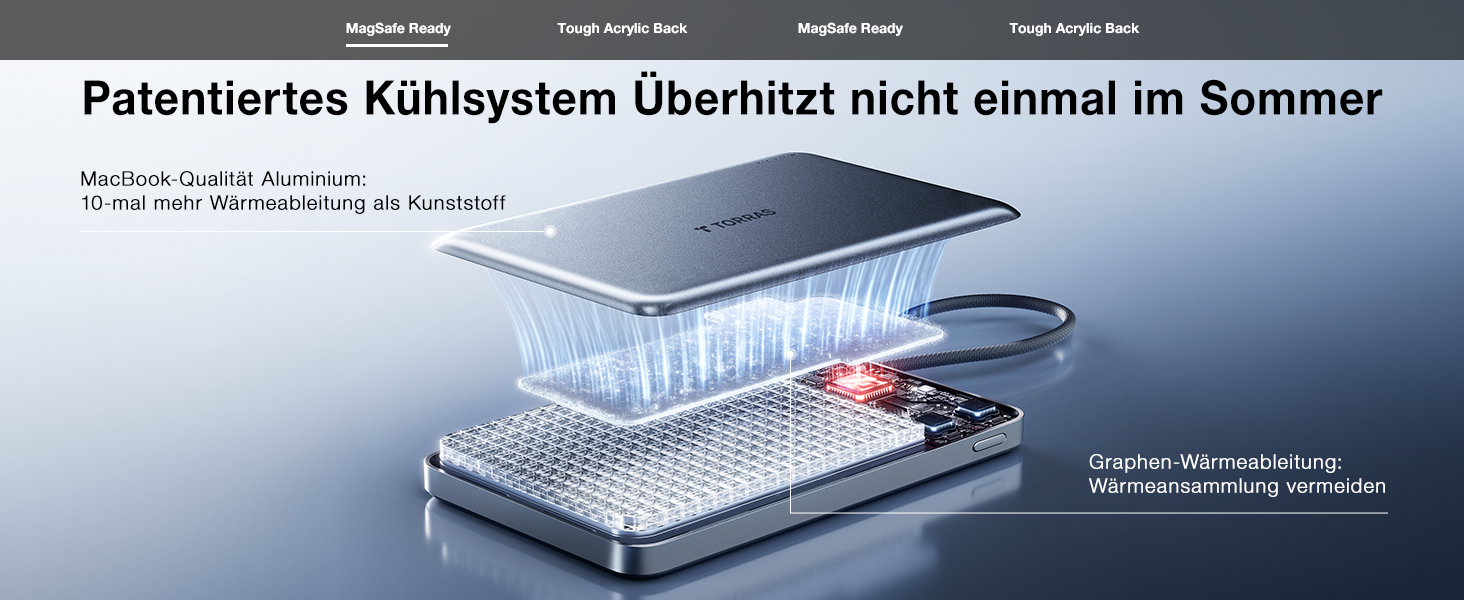 Портативний зарядний пристрій TORRAS 10000mAh з кабелем USB-C, 22.5W PD3.0, білий. Сумісний з iPhone, Samsung, AirPods.