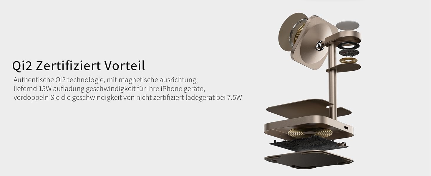 Станція зарядки LULULOOK Qi2 MagSafe 3 в 1 з алюмінію для Apple Watch та iPhone з підтримкою швидкої зарядки 15W (для iPhone 17 Pro Max/17 Pro/17 Air/17) та 5W (для Apple Watch Ultra, AirPods), титан