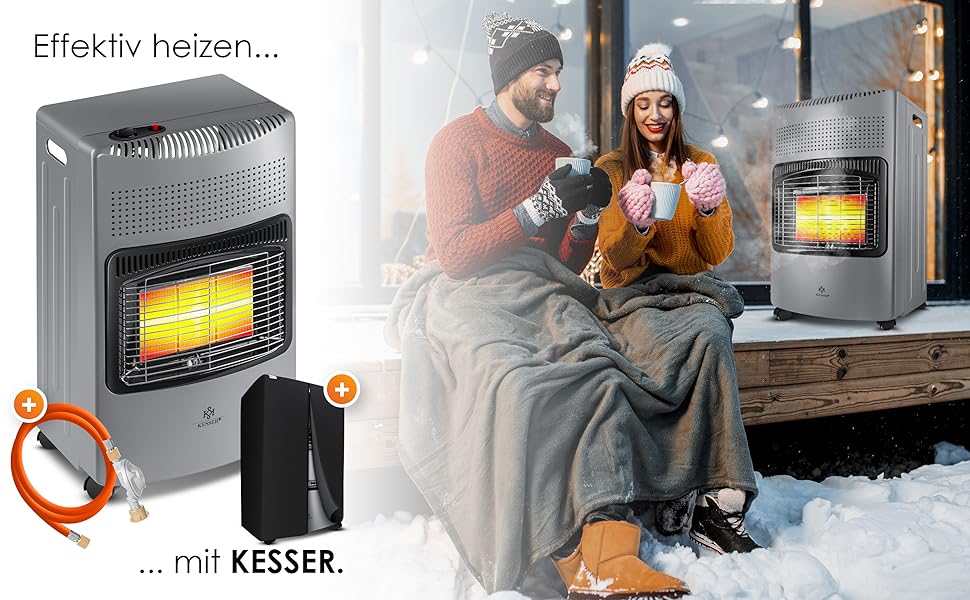 Газовий обігрівач KESSER® 4200W з керамічним пальником, регулятором тиску газу, шлангом та захисним чохлом. Підходить для балонів бутан/пропан до 15 кг.