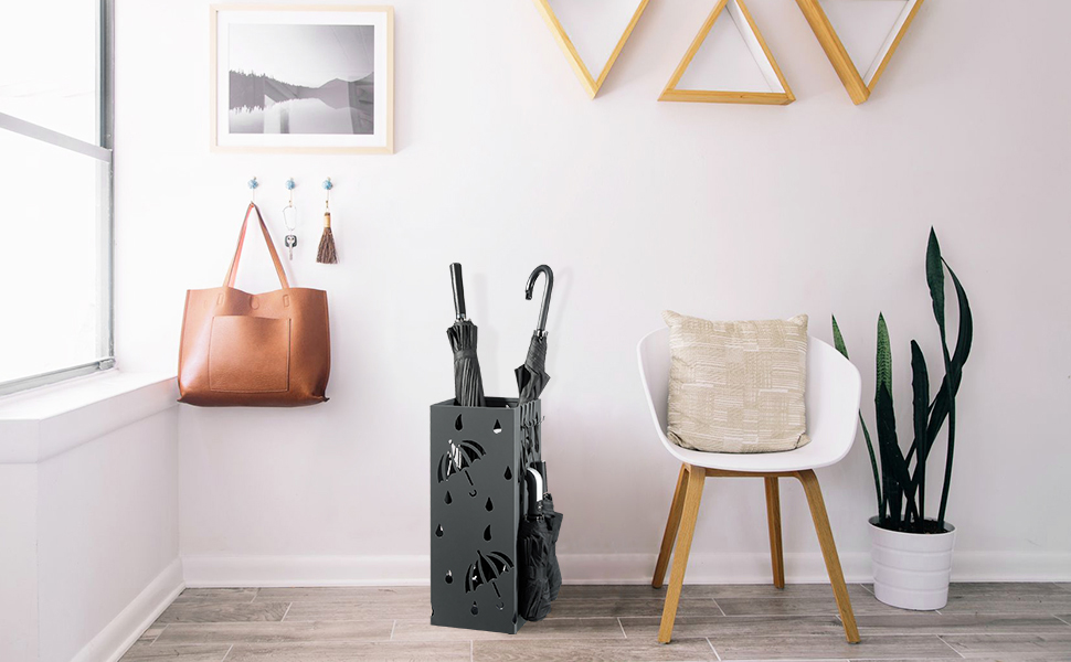 WOLTU Iron Umbrella Stand - Rectangular, 20x20x49cm - with Water Tray & 4 Hooks - Anthracite SST02an