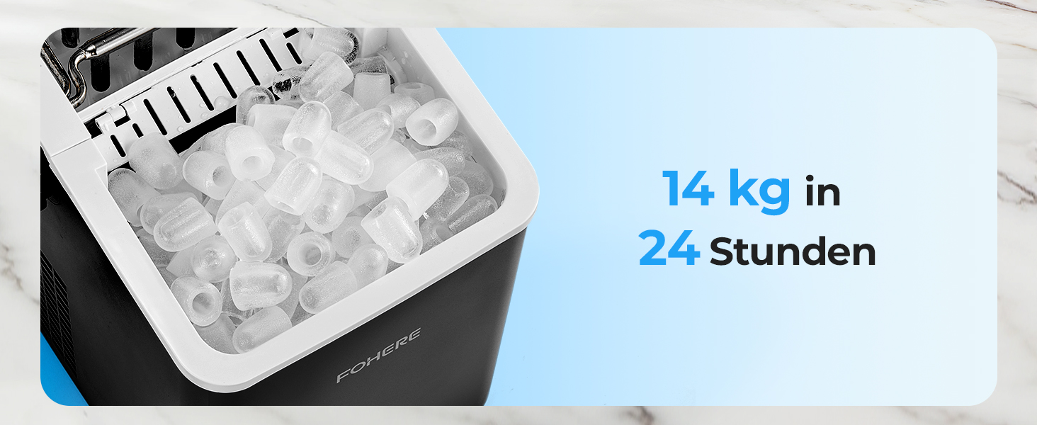 Машина для приготування льоду FOHERE з ручкою, 14 кг/24 год, 9 кубиків льоду за 5 хвилин, 2 розміри, самоочищення, портативна з лопаткою та кошиком – ідеальна для дому, кухні, офісу, кемпінгу, вечірки, RV