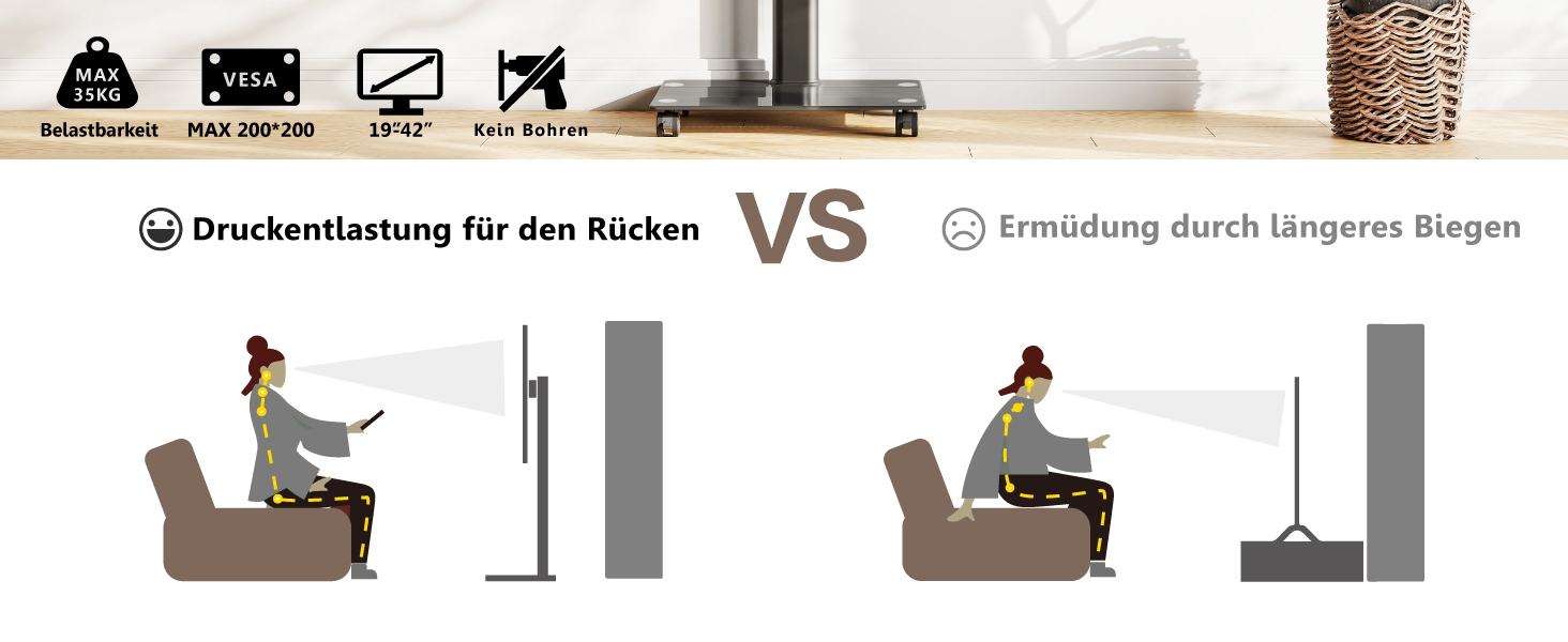 FITUEYES Rolling TV Stand with Wheels - Tilting ±15° Swivel ±35° Adjustable Height TV Cart for 19-42 inch Flat Screen TVs up to 35kg, VESA 200x200