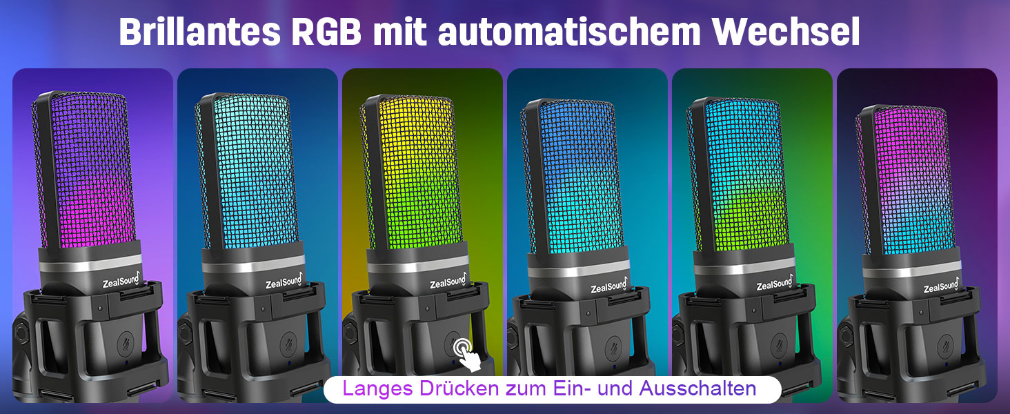 Zealsound USB Мікрофон для ПК та телефону – RGB, з регулюванням гучності, поп-фільтром, тримачем, та 2 адаптерами для подкастів, стрімінгу, Discord, YouTube, TikTok A68