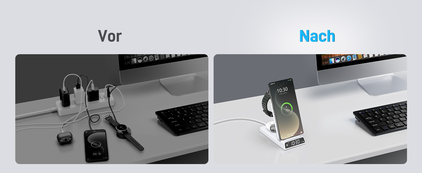 Бездротова зарядка для Samsung з годинником: станція для Galaxy S25 Ultra/S24/Z Fold 6/Flip 7/Bud, Watch, серій 8/7/6/5Pro, 3 в 1, сірий (білий)