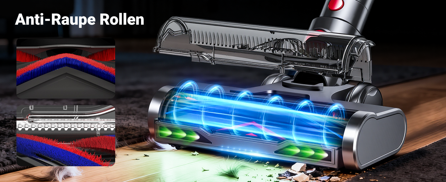 Бездротовий акумуляторний пилосос 58KPa/550W з LED-дисплеєм та антизаплутана щітка, 1.8L, для тварин, килимів, твердих поверхонь та авто, сірий & золотий