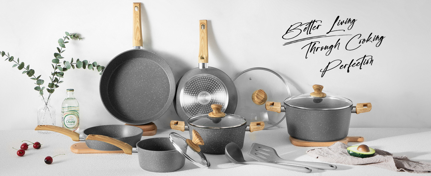 Набір кухонного посуду Kitchen Academy 12 предметів з антипригарним покриттям. Тöpfe та Pfannen для Induktion, Gasherde та Mikrowelle, сірий колір