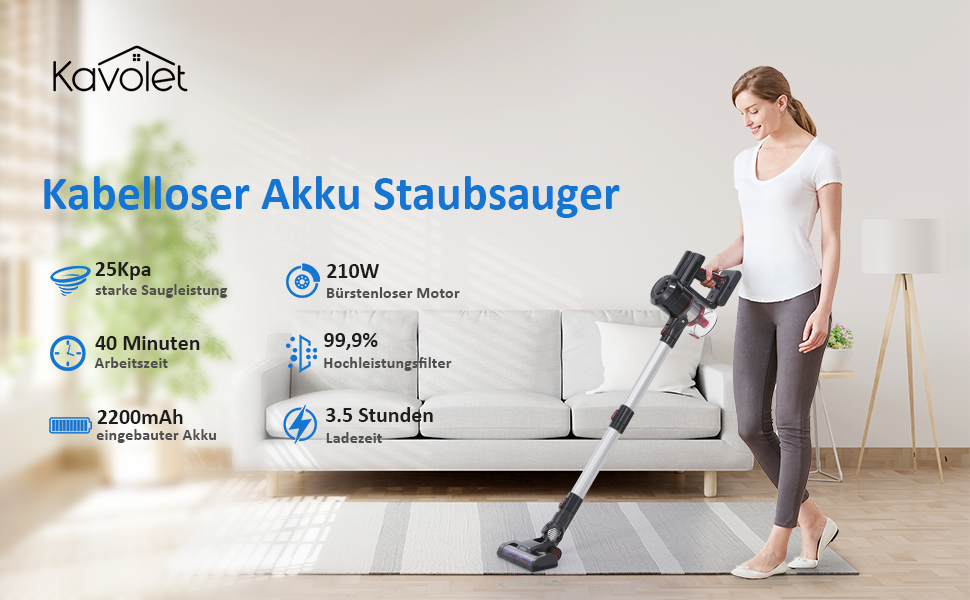 Акумуляторний пилосос Kavolet 25 kPa, 40 хв роботи, 2-в-1 для дому, офісу та авто. З насадкою для щілин та щіткою.