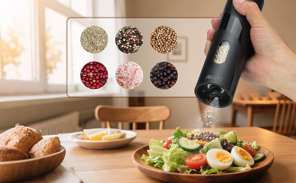 Електрична мельниця для солі та перцю AikarO - автоматична, працює від батарейок