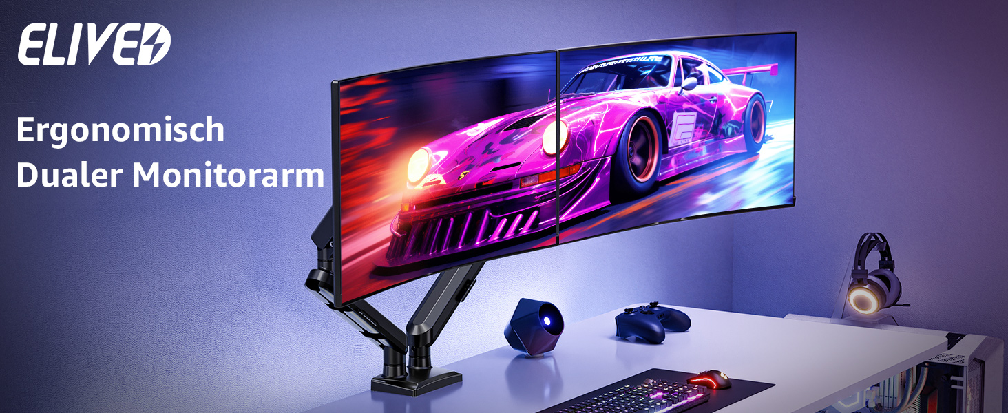 Тримач для монітора ELIVED EV6012W для 2 моніторів (13-32 дюйми), чорний, VESA 75/100mm, газ-амортизатор, регульований