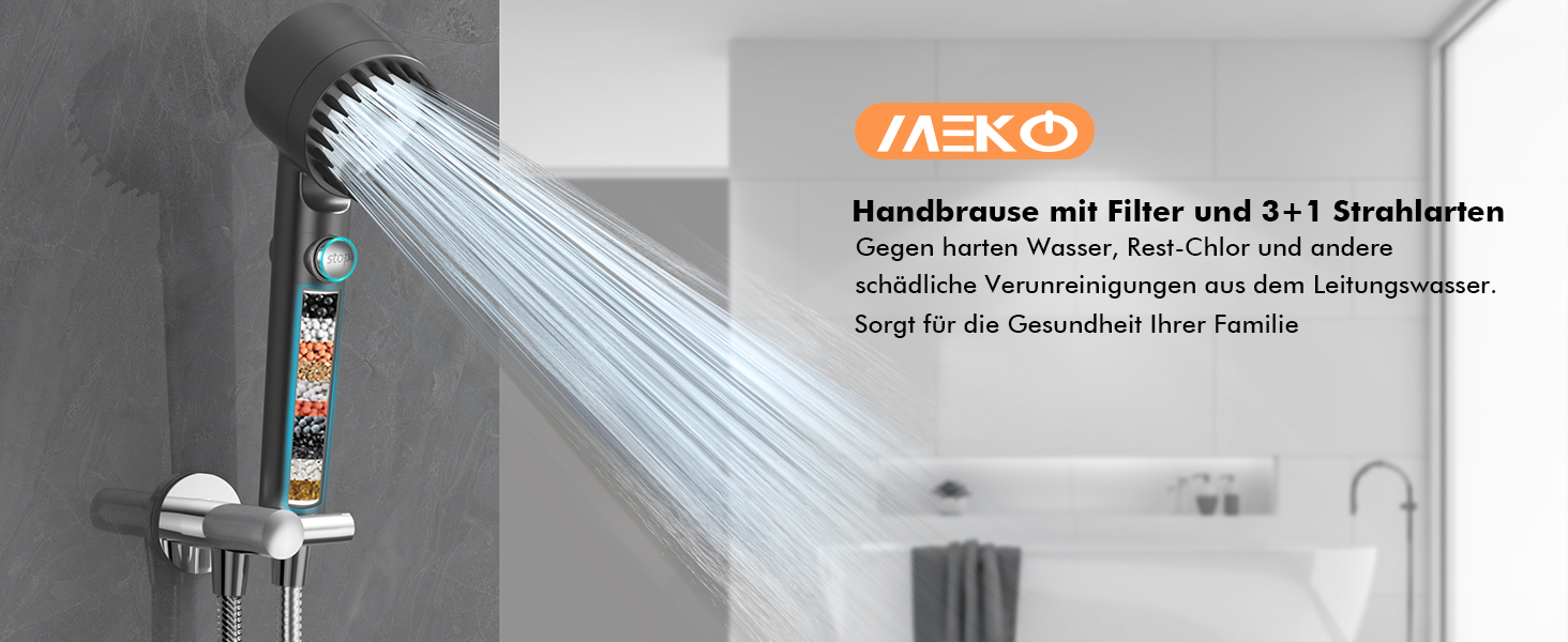 Showerhead with Filter MEKO High-Pressure Hand Shower with 15-Layer Filtration, 1.5M Hose, 3 Spray Patterns, Water-Saving Showerhead for Removing Hard Water, Residual Chlorine, Bacteria, and Heavy Metals
