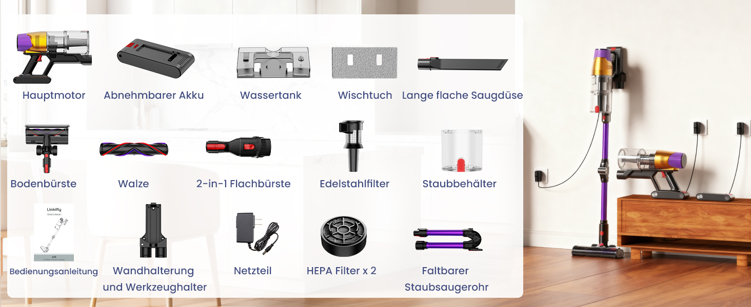 Бездротовий акумуляторний пилосос A12 з функцією миття підлоги, 8-в-1, 48Kpa, 550W, 70 хвилин, з сенсорним екраном, об'єм контейнера 1,5 л, док-станція для стін, підходить для килимів, авто, шерсті тварин, фіолетовий