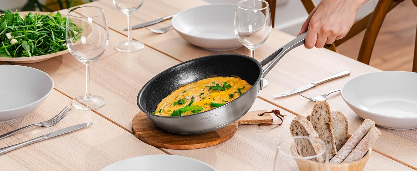 SILBERTHAL 3-Piece Stainless Steel Frying Pan Set - Induction Compatible, Non-Stick, Oven-Safe (up to 250°C) - 20, 24, and 28 cm