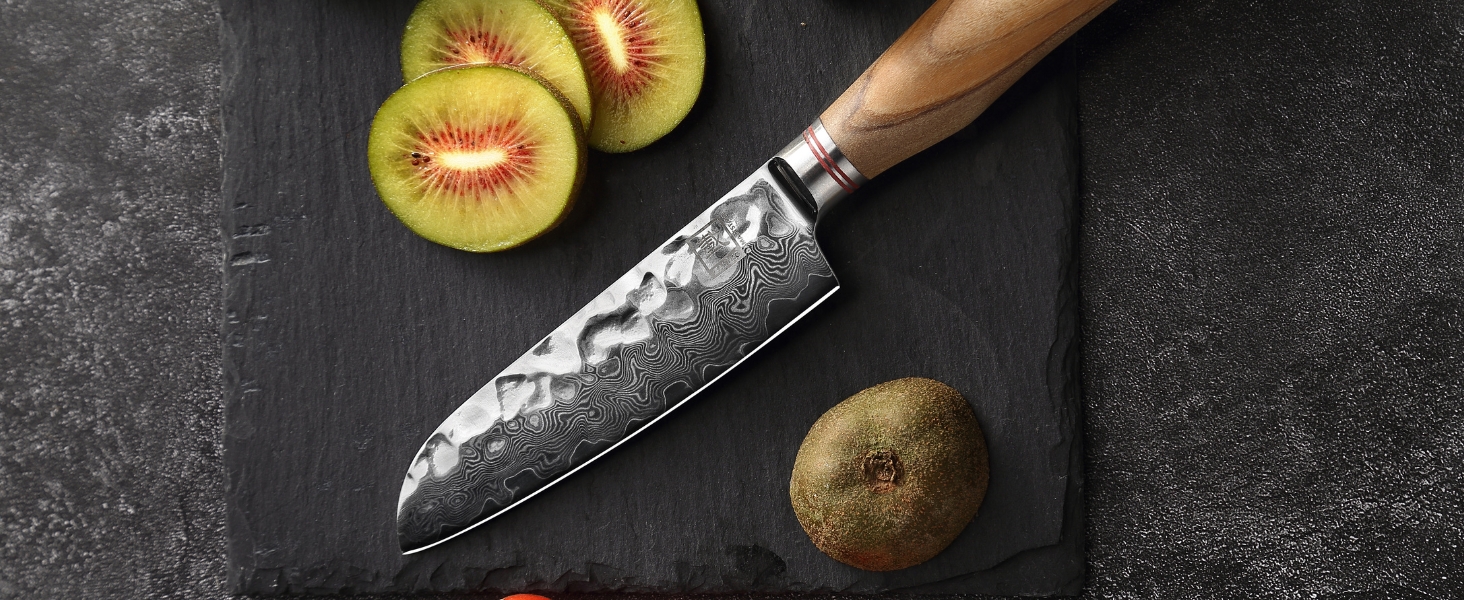 Японський ніж Santoku Zayiko Minami Premium з 12 см лезом з дамаської сталі 67 шарів, ручка з оливкового дерева, дерев'яна коробка. Кухонний ніж для професіоналів та дому без гравіювання