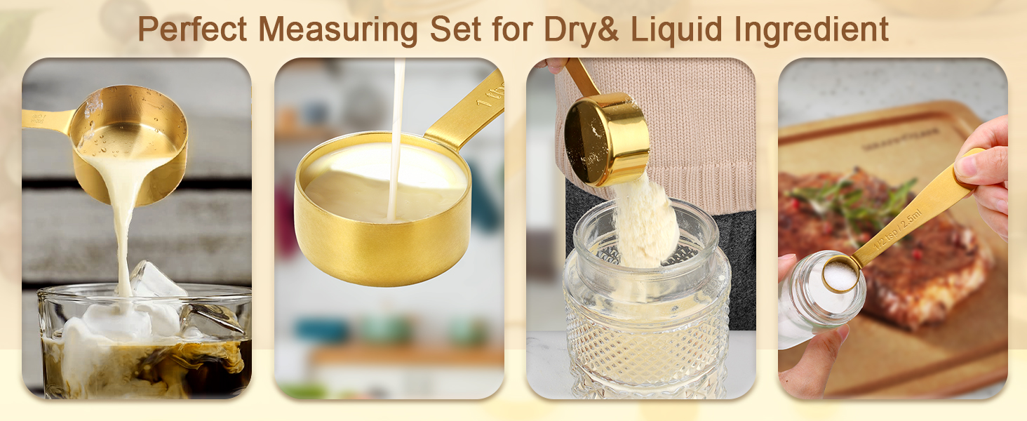 Набір мірних стаканів та ложок Cuteefun Gold, 13 предметів, нержавіюча сталь: мірний стакан 5 чашок, 8 магнітних ложок з рівнем для вимірювання сухих та рідких інгредієнтів для випічки та приготування їжі