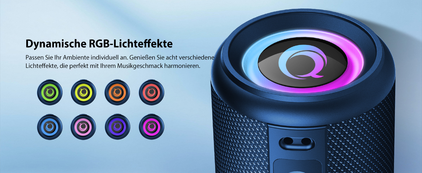 Bluetooth колонка 2026 з RGB підсвіткою, портативна, водонепроникна IP7, 20 годин роботи, з мікрофоном, для спорту, саду, вулиці - блакитна