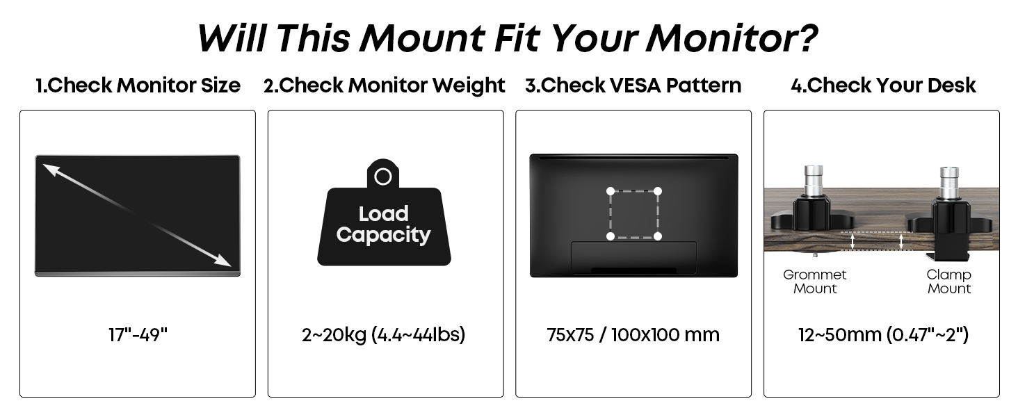 Кріплення для монітора - підставка для 1 монітора, 17-49 дюймів, плоский/вигнутий екран, чорний, газ-амортизатор, регулювання висоти, VESA 75x75/100x100, 2-20 кг