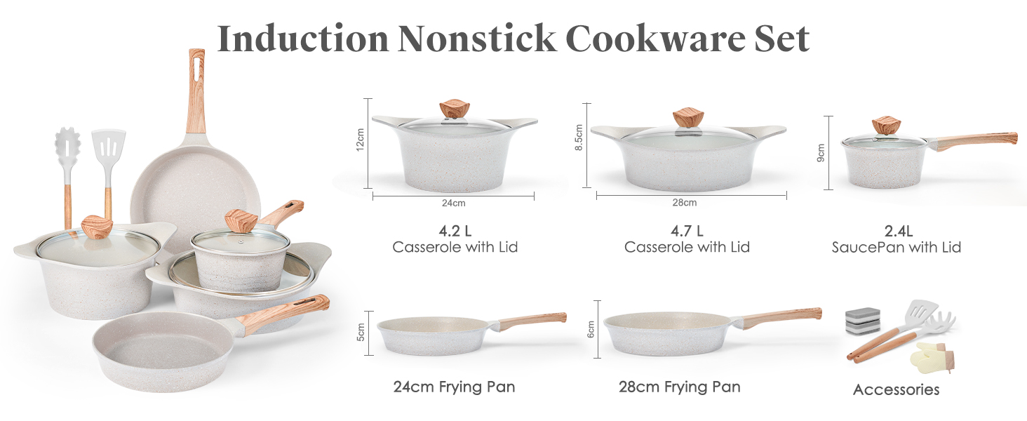 Набір посуду RIOVARM з індукційним дном, антипригарне покриття граніт, набір каструль та сковорідок з кришками, без PFOA, з ручками з імітацією дерева, сковорода, каструля, ковшик