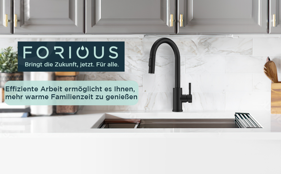 Кран кухонний FORIOUS чорний з висувною лійкою, поворотний на 360°, матовий, для кухні