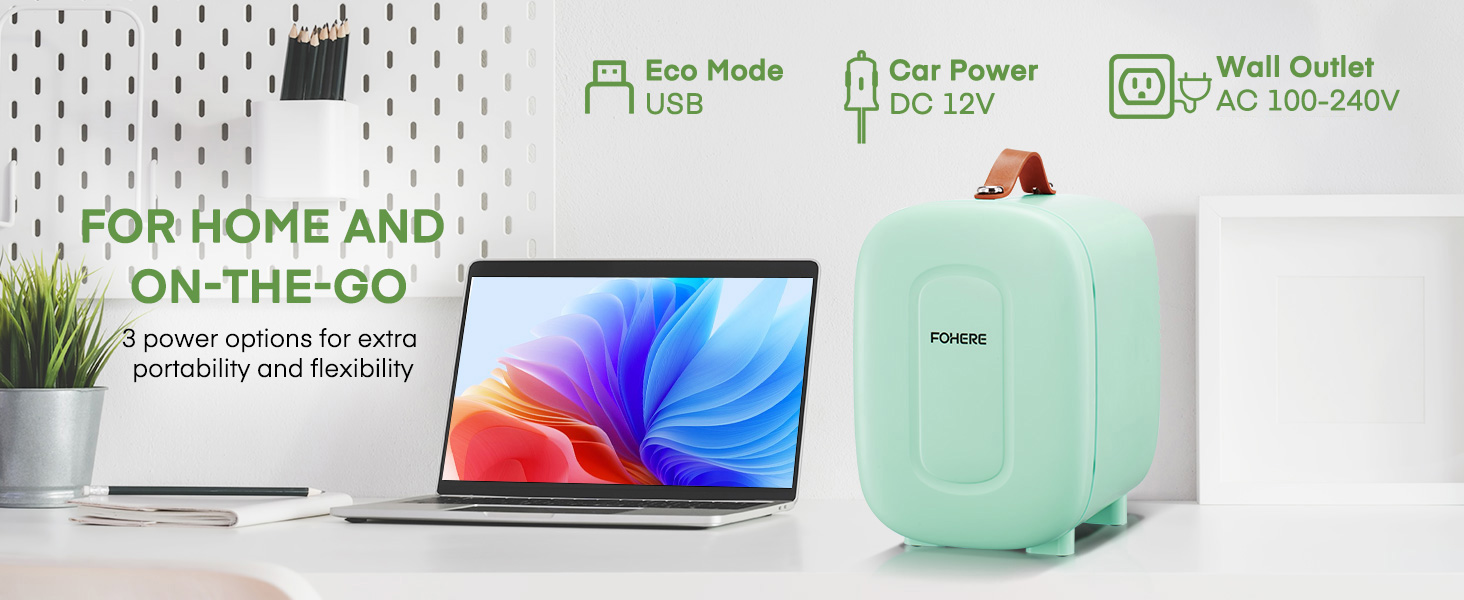 Міні-холодильник FOHERE 5л для косметики та напоїв з USB-живленням, 220V/12V, для спальні, офісу, авто (зелений)