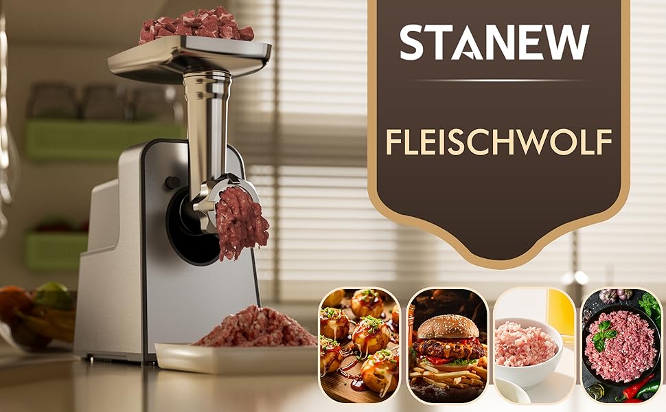 М'ясорубка електрична STANEW 4-в-1, 3500 Вт, 3 диски з нержавіючої сталі (4/8 мм, решітка), насадка для ковбас