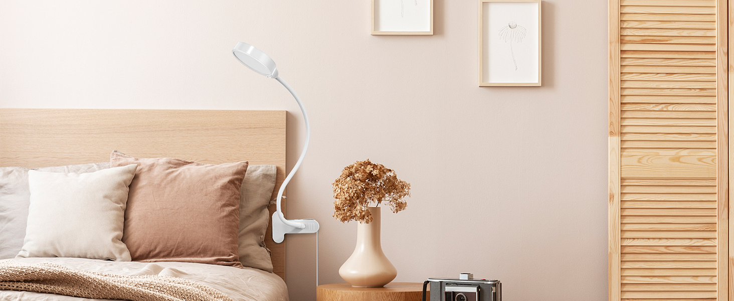 Glocusent 5W LED Лампа для читання на ліжко, кліпса, 3 кольори/5 рівнів яскравості, гнучкий тримач, CRI 90, USB зарядка (біла)