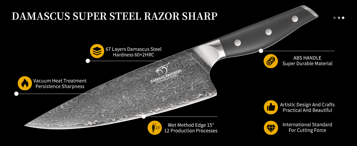 Набір кухонних ножів NANFANG BROTHERS Damascus 7 предметів з підставкою, нековзна ручка ABS, високоякісна нержавіюча сталь, ніж шеф-кухаря, хлібний ніж, ніж сантоку, ніж для очищення, ножиці