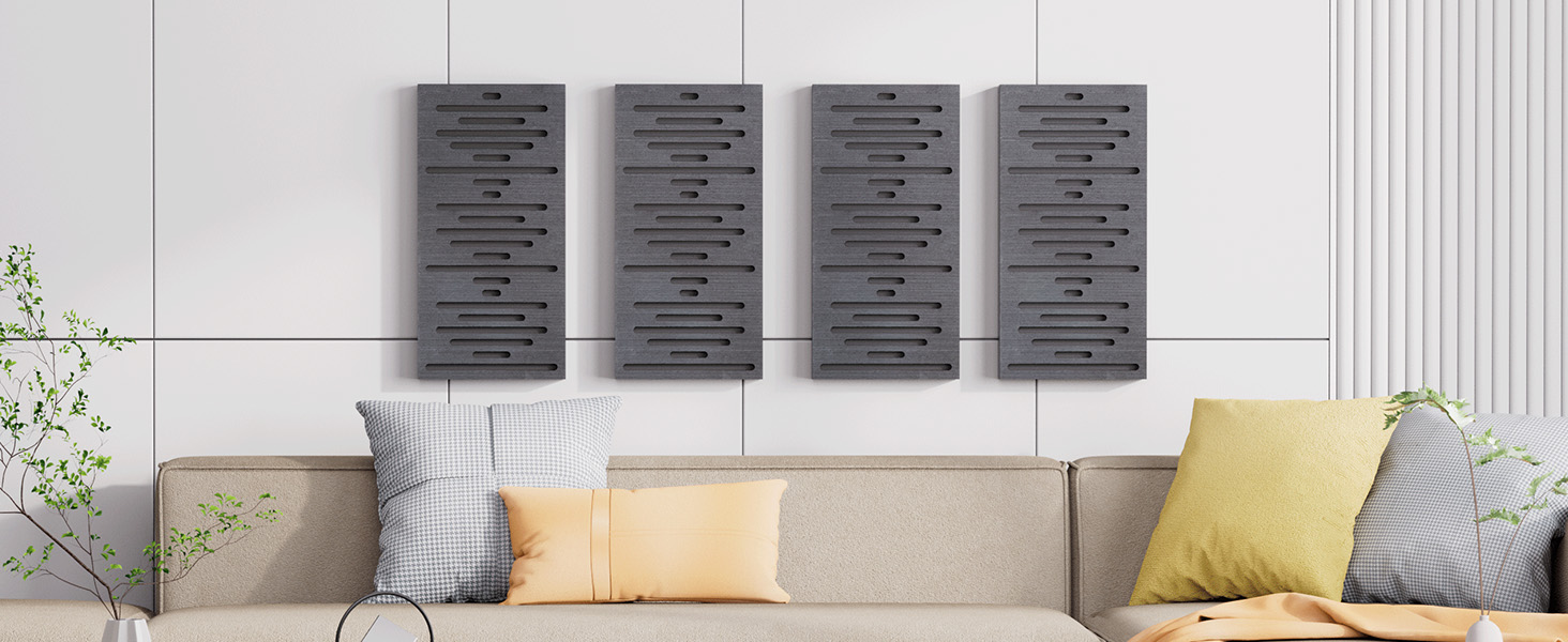 Акустичні панелі TONOR з дерев'яним шпоном, самоклеючі (4 шт, 60x30x4.7 см), звукопоглинаючі стінові панелі для обробки та декору вітальні або офісу, чорні