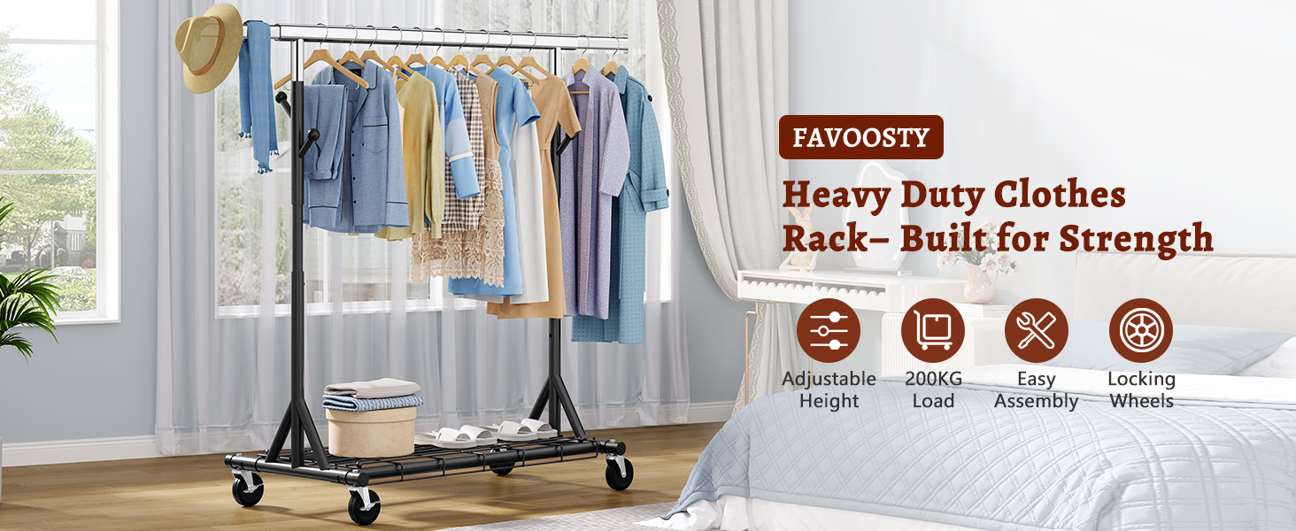 Легкий мобільний вішак для одягу на колесах FAVOOOSTY, металевий, до 200 кг, чорний, 1 стяжка