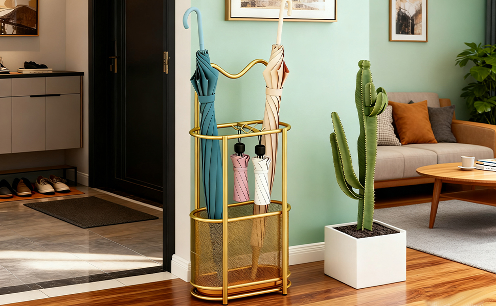 Металева підставка для парасоль та тростинок SINBINTA, з гачками та піддоном, для прихожого/входу (Золота)