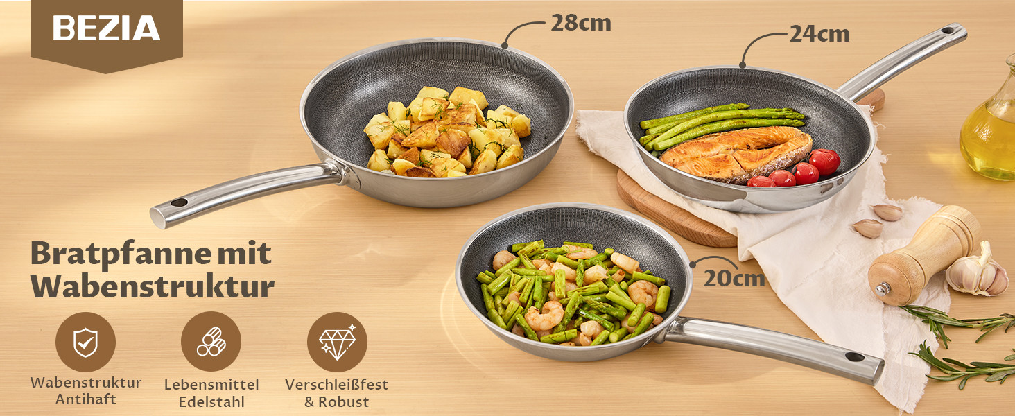 Сковорода BLAZANT індукційна 20/24/28 см, тришарова нержавіюча сталь, антипригарне покриття, набір, керамічна, з нержавіючою ручкою, без PFAS PFOA/PTFE, для духовки, підходить для індукційних плит