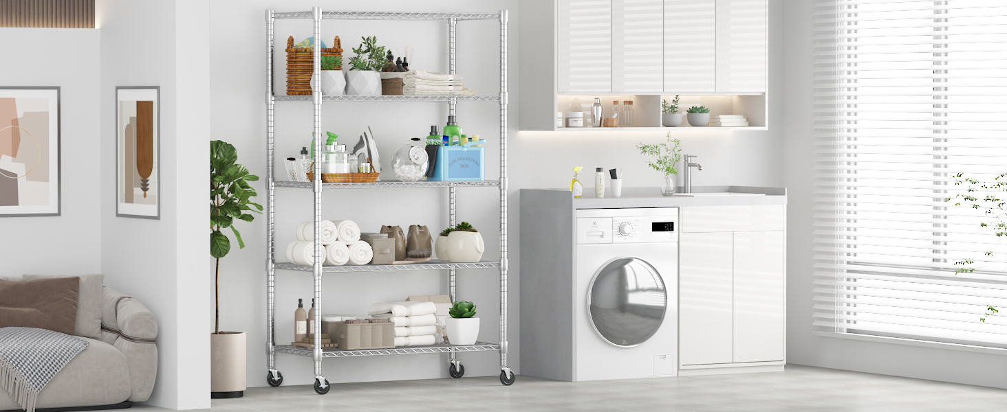 Himimi 5-Tier Rolling Wire Shelving Unit with Adjustable Height and Leveling Feet