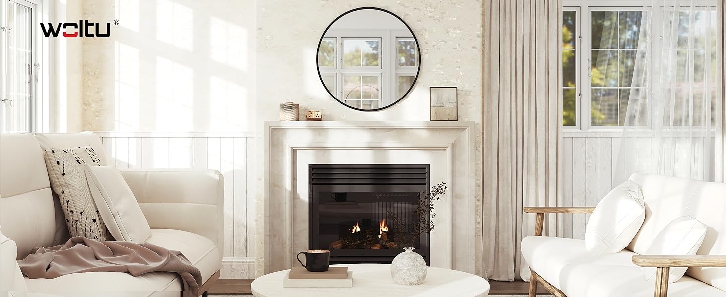 Круглий настінний дзеркало WOLTU 40 см з рамою, сучасний декор для ванної, спальні, вітальні, коридору, декоративне дзеркало для макіяжу зі скла, металу та MDF, з гачком (71L x 71B см, Чорний)