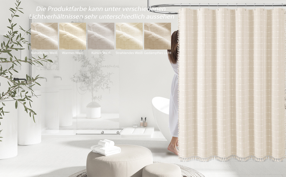 Шторка для душу BTTN 182x180 см, бохо-фермерський стиль, льонова тканина, з бахромою, водовідштовхувальна, з вантажами, комплект з 12 гачками, бежевий/кремовий, сітка